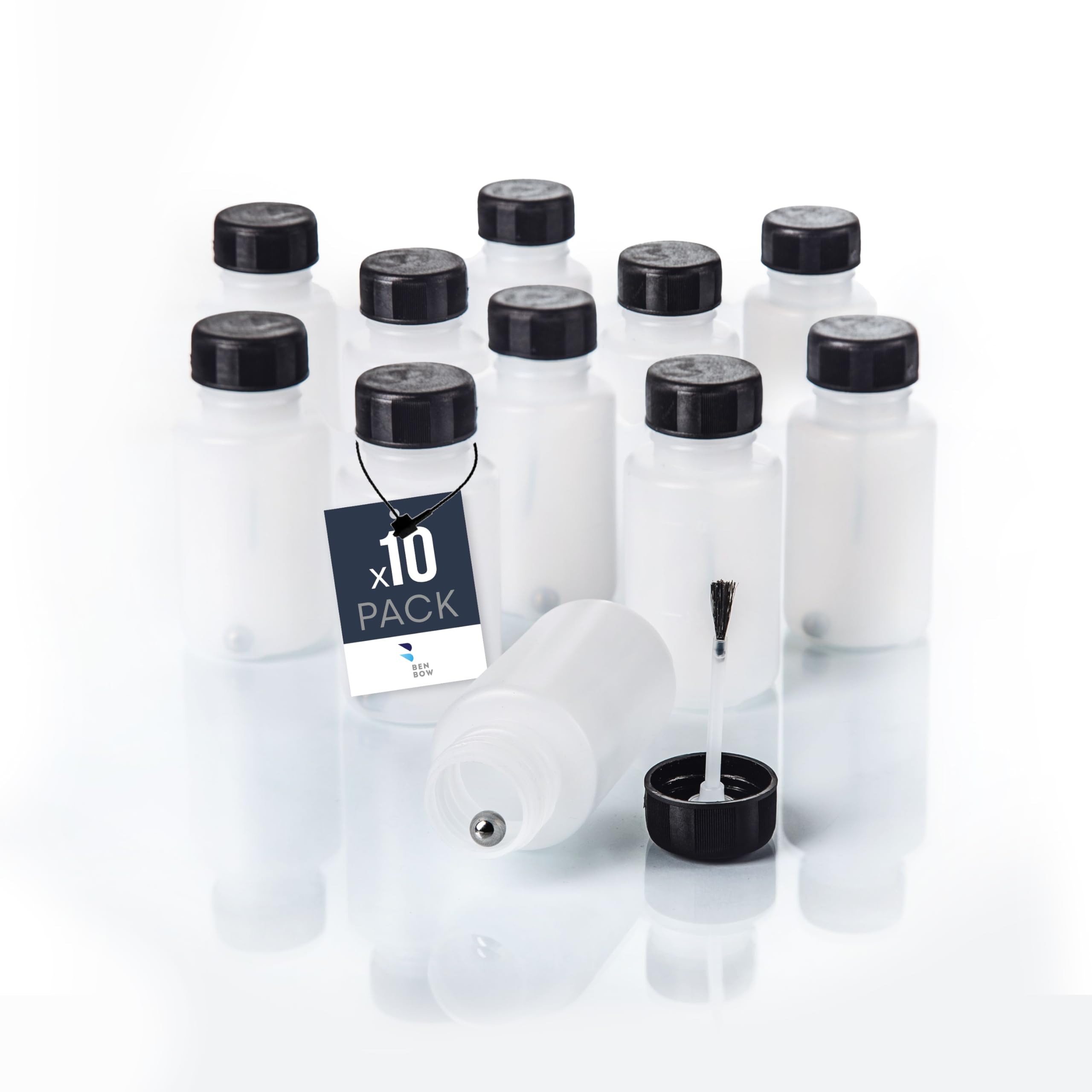 BenBow HDPE 10x 50 ml brush bottles with mixing ball for safe storage and easy application of varnishes, adhesives and paints