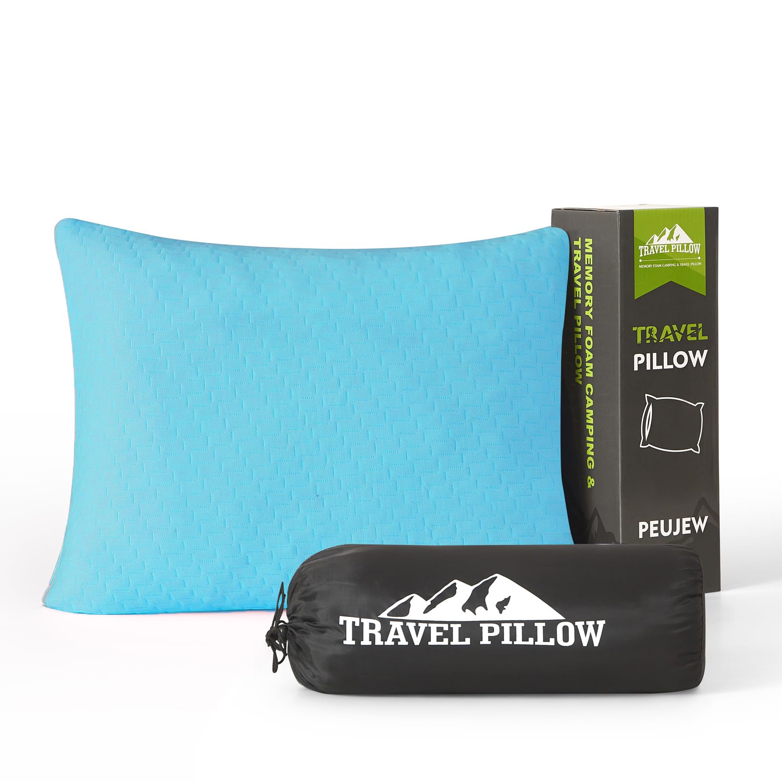 PEUJEW Small Shredded Memory Foam Pillow, Camping Pillow Travel Pillow - Compressible Medium Firm, Breathable Cover, Ideal Backpacking Hiking, Airplane and Car (Sky Blue, L) Image