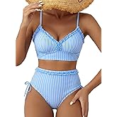 Herseas Women's Splice Ruffle Trim Bikini Sets Tie Side Swimsuits High Waisted Bathing Suits