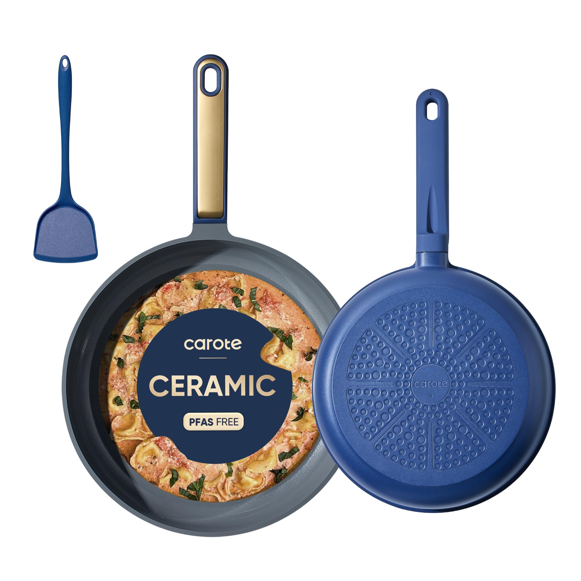 CAROTE 9.5'' and 11'' Nonstick Ceramic Frying Pan Skillet, Non Stick Skillet with Heat Resistant Handle, Healthy & PFOA/PFAS Free, Induction-Compatible,Dishwasher Safe & Includes Silicone spatula,Blue Image