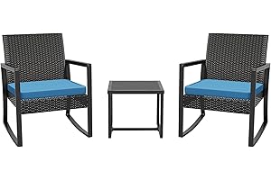 ELEGIBLISS 3 Pieces Outdoor Patio Set -Wicker Rattan Chair Conversation Set with Glass Table for Poolside Yard Rocking Chair Set for Bistro Garden Front Porch All Weather Patio Furniture Set