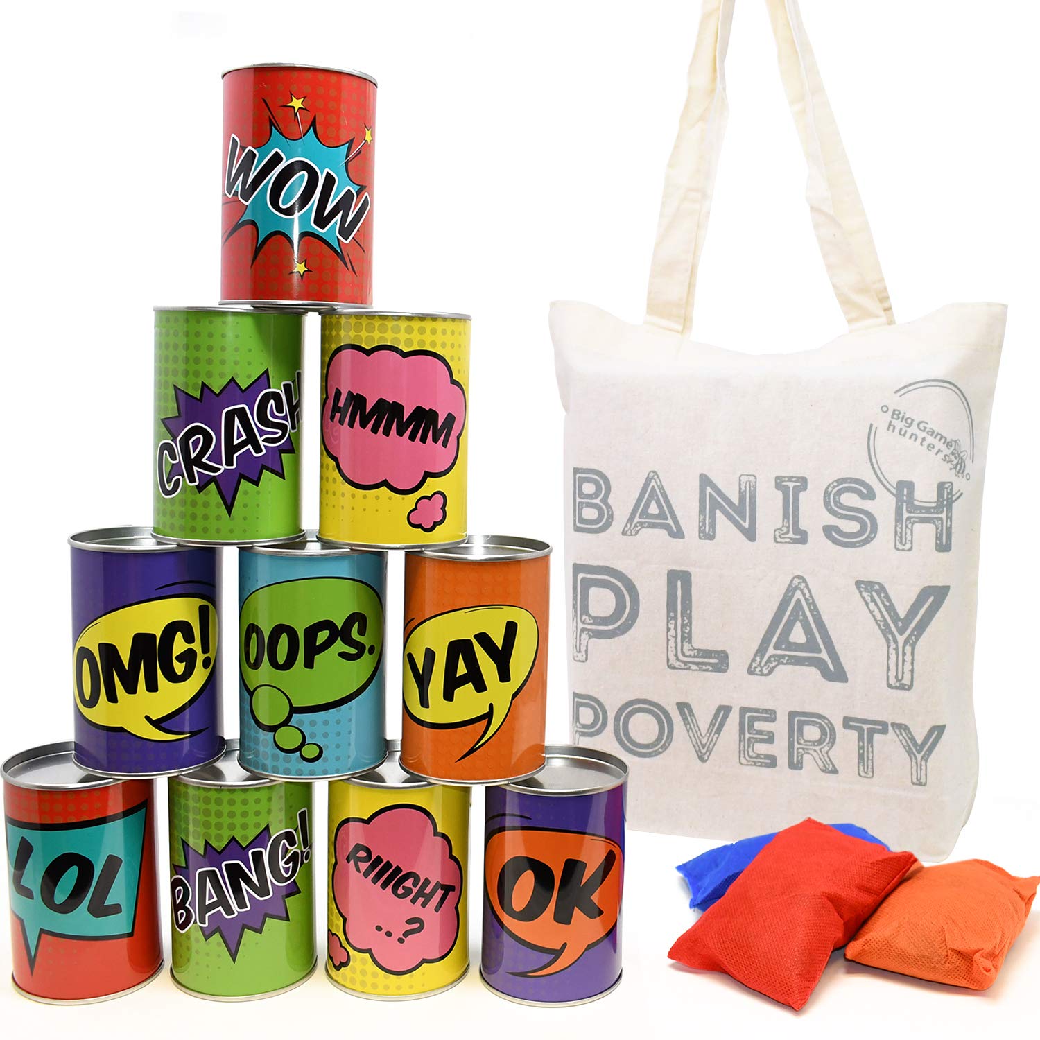 Big Game Hunters Tin Can Alley, 10 Metal Tins and 3 Bean Bags, Outdoor Throwing Toy, Children's Garden Game in Cotton Bag (Multicolour)