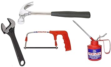 Realstf Multi Hand Tool Kit 4 Pc. - Claw Hammer 1/2 LB, Steel Baby Hacksaw with Plastic Handle, Adjustable Wrench Black Phosphate 8, Oil Can 1/2 Pint with Rigid Spout