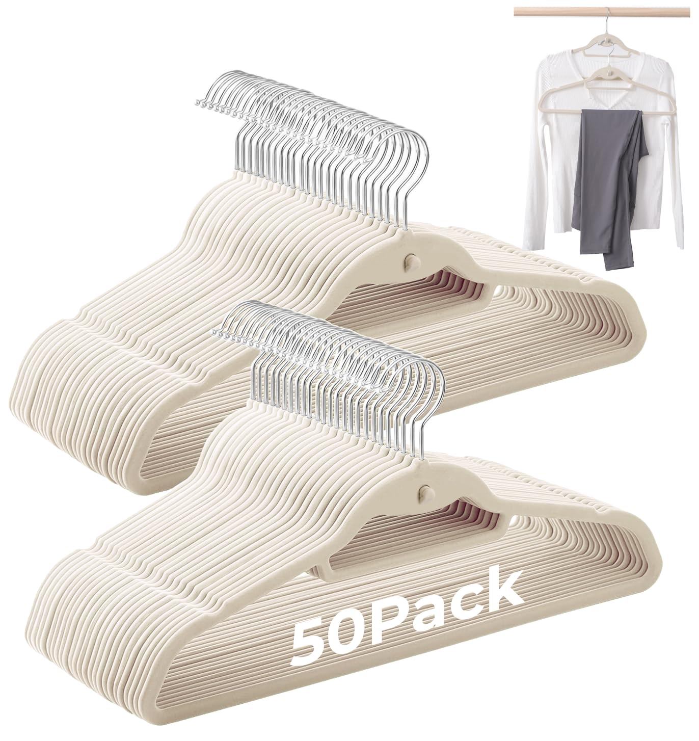 Photo 1 of ****ONLY 25 HANGERS***** Limogoo Ivory Velvet Hangers 50 Pack, Felt Covered Non Slip Fabric with Stackable Cascading Hook, Ultra Thin and Space Saving with 360° Swivel Neck, 15Lbs Capacity for Clothes, Suit, Shirt, Coat