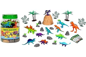 WONDERY KIDS Goliath Wow in The World Bucket of Dinosaurs | Kids Play Dinosaurs | Learning Through Play | Includes 25+ Pieces: 11 Dinos, Trees, Rocks, Plants, Volcano, and 3 Wow Dinosaur Fun Fact Cards