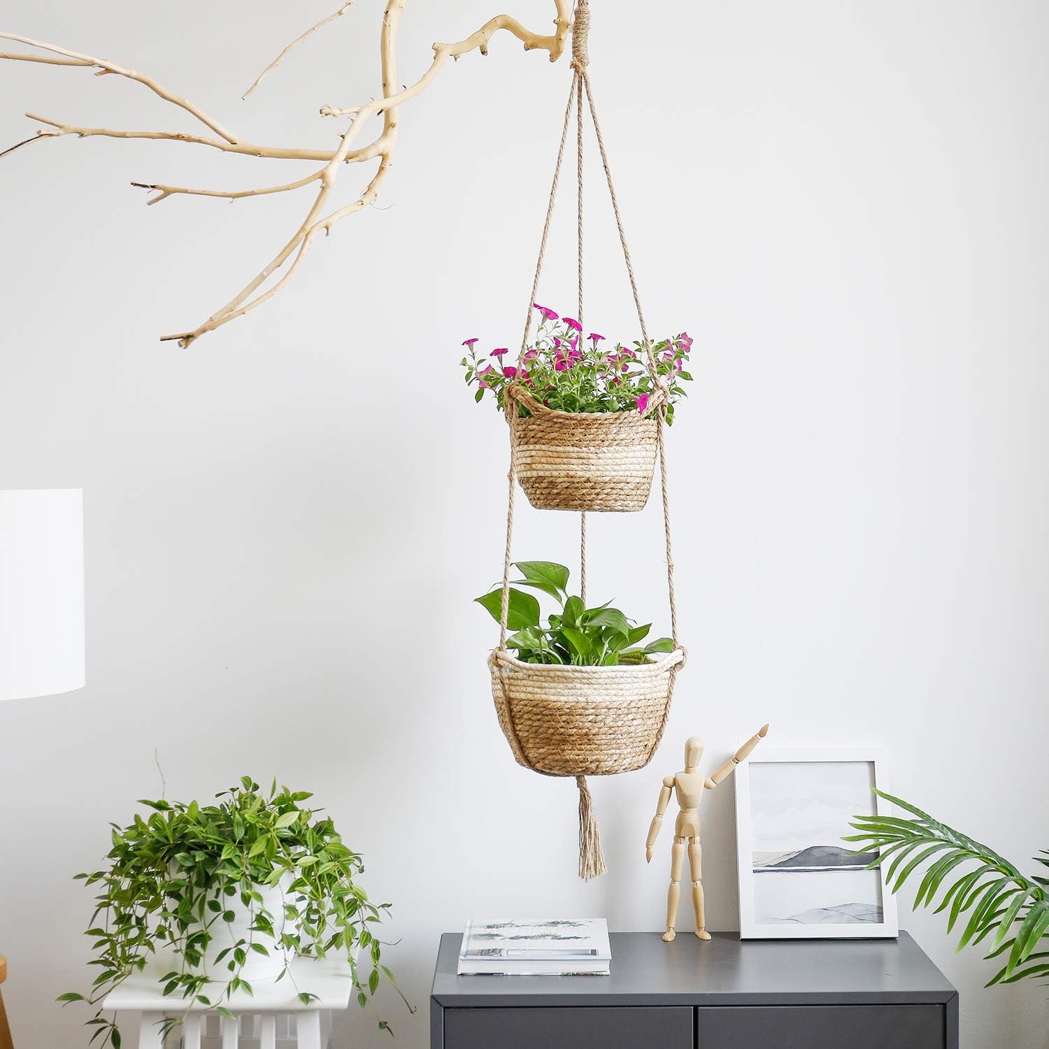 Seagrass Hanging Planters Basket Indoor - Hanging Two Layers Natural Seagrass Basket Flower Pot Holder Containers Storage Organizer with Waterproof Plastic Liner, 53 Inch Long (Brown&Beige): Garden & Outdoor