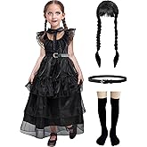 Pextian Little Girls Halloween Costume, Kids Halloween Costumes Girls Ages 4-9 with Black Dress, Braided Wig, Belt, Socks