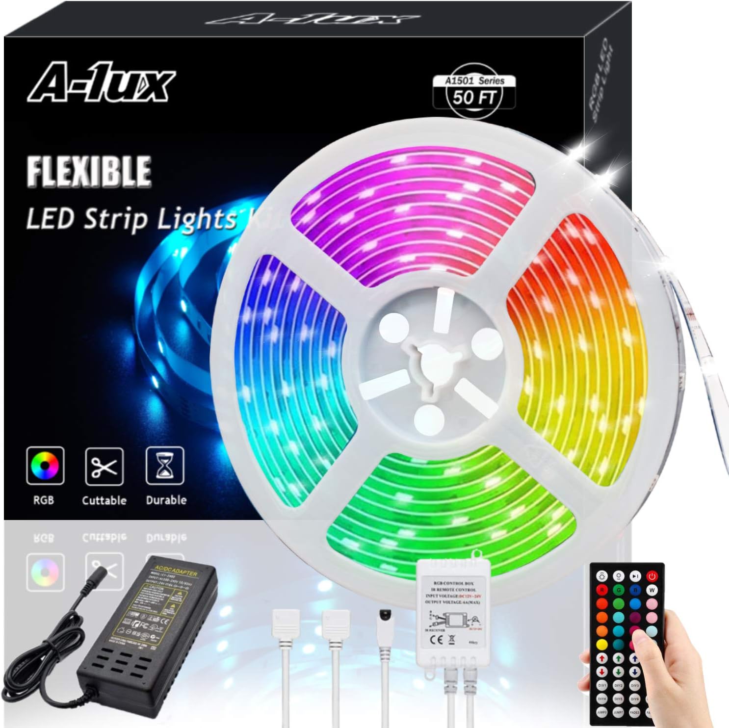 50ft RGB LED Strip Lights Kit, A-1ux 15M Flexible Color Changing LED Light Strips with DC24V Power Supply 44Key IR Remote Controller, Decor for Bedroom,Party,Bar ,Kitchen