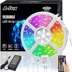 50ft RGB LED Strip Lights Kit, A-1ux 15M Flexible Color Changing LED Light Strips with DC24V Power Supply 44Key IR Remote Controller, Decor for Bedroom,Party,Bar ,Kitchen