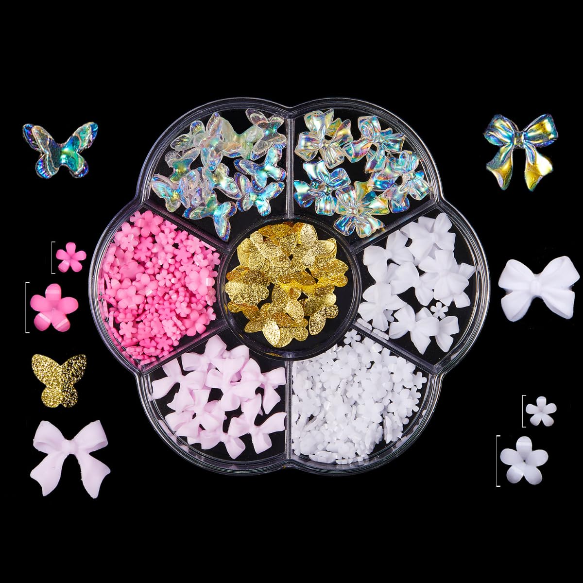 KARLOR Nail Charms Set,3D Flower Nail Decoration Pink Bow Nail Charms Butterfly Nail Art Decoration Resin Beads Acrylic Flower Nail Gems with Half Pearls for Acrylic Nail Art Accessories (7M-179)
