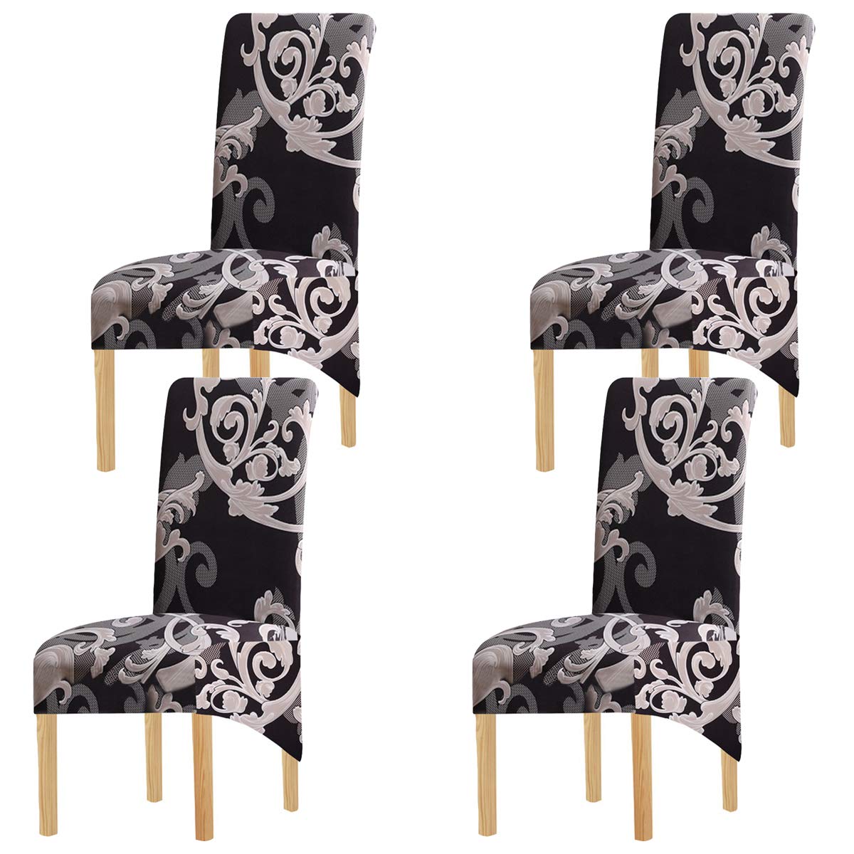 KELUINA Printing Fabric Stretch XL Chair Covers for Dining Chairs, 2/4/6 Pcs Elastic Large Chair Slipcover for Dining Room Wedding Banquet Party Decoration (Black-1,4 Pack)