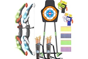ASTRAEA 2 Pack Bow and Arrow for Kids, LED Light Up Archery Set with Shooting Game Toy & Cup Suction Standing Target for Boys and Girls Age 5 6 7 8 9 10 11+, Indoor Outdoor Activity Gift for Christmas