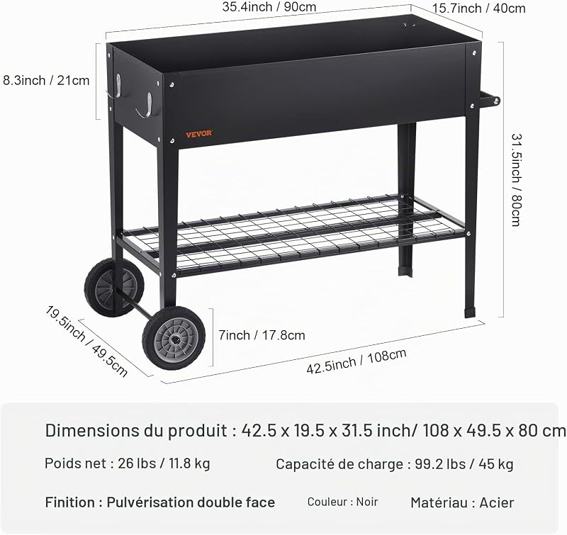 Jardinière 108x49,5x80 cm Lit de Jardin Surélevé en Métal Galvanisé Bac de Plantation avec Pieds pour Cultiver des Fleurs Végétaux Herbes Plantes Grasses dans Jardin Terrasse Patio Balcon Argent