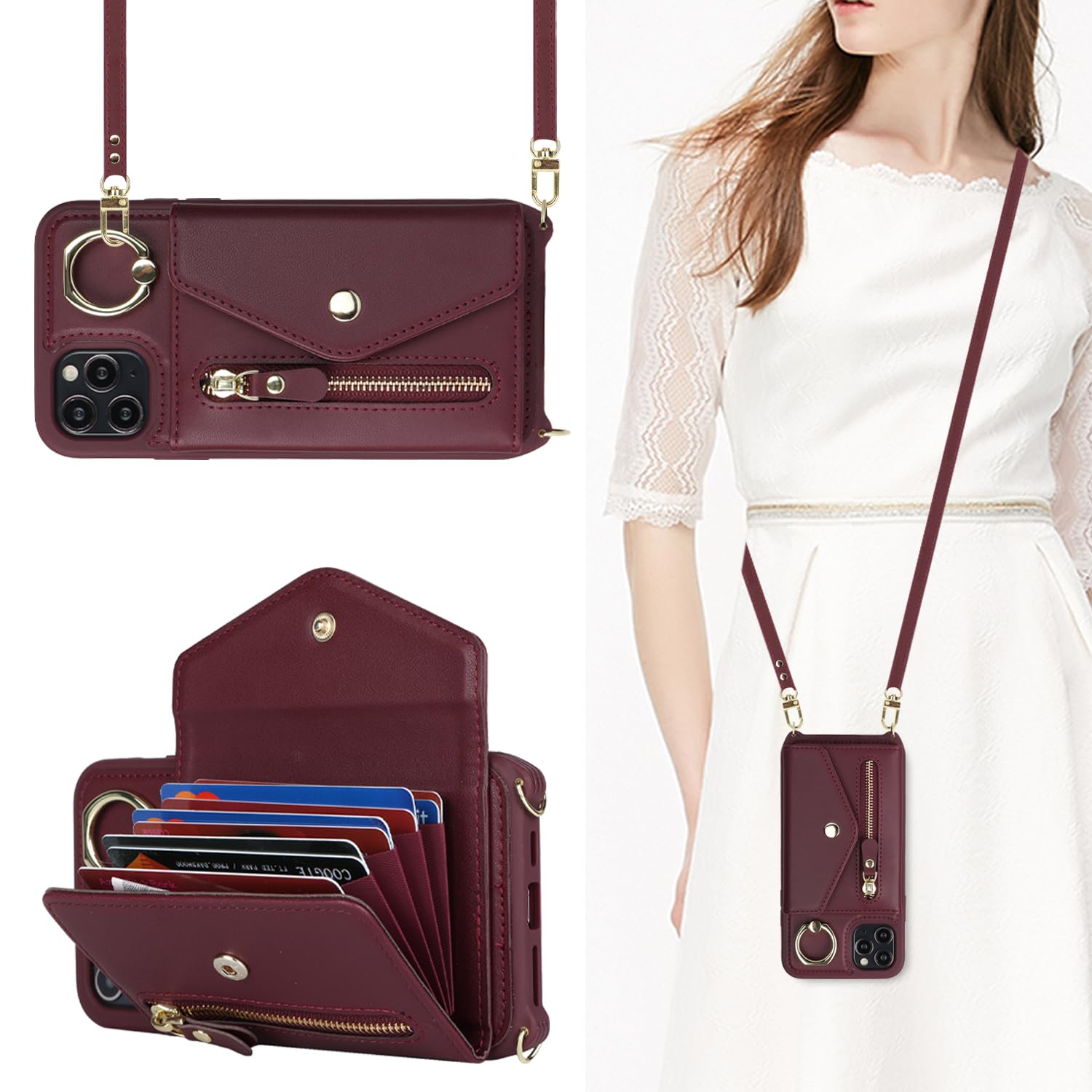 SailorTech iPhone 11 Pro Case with Zipper Credit Card Holder for Women, Leather Case Ring Stand with Card Slots Kickstand Wallet-Burgundy