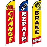 Hahafelt 3 Pack Auto Repair Shop Oil Change Feather Flag Sets, 8.2 x 2.1 ft Large Brake Services Advertising Windless Flag for Business Mechanics Automotive Car Repair Shops