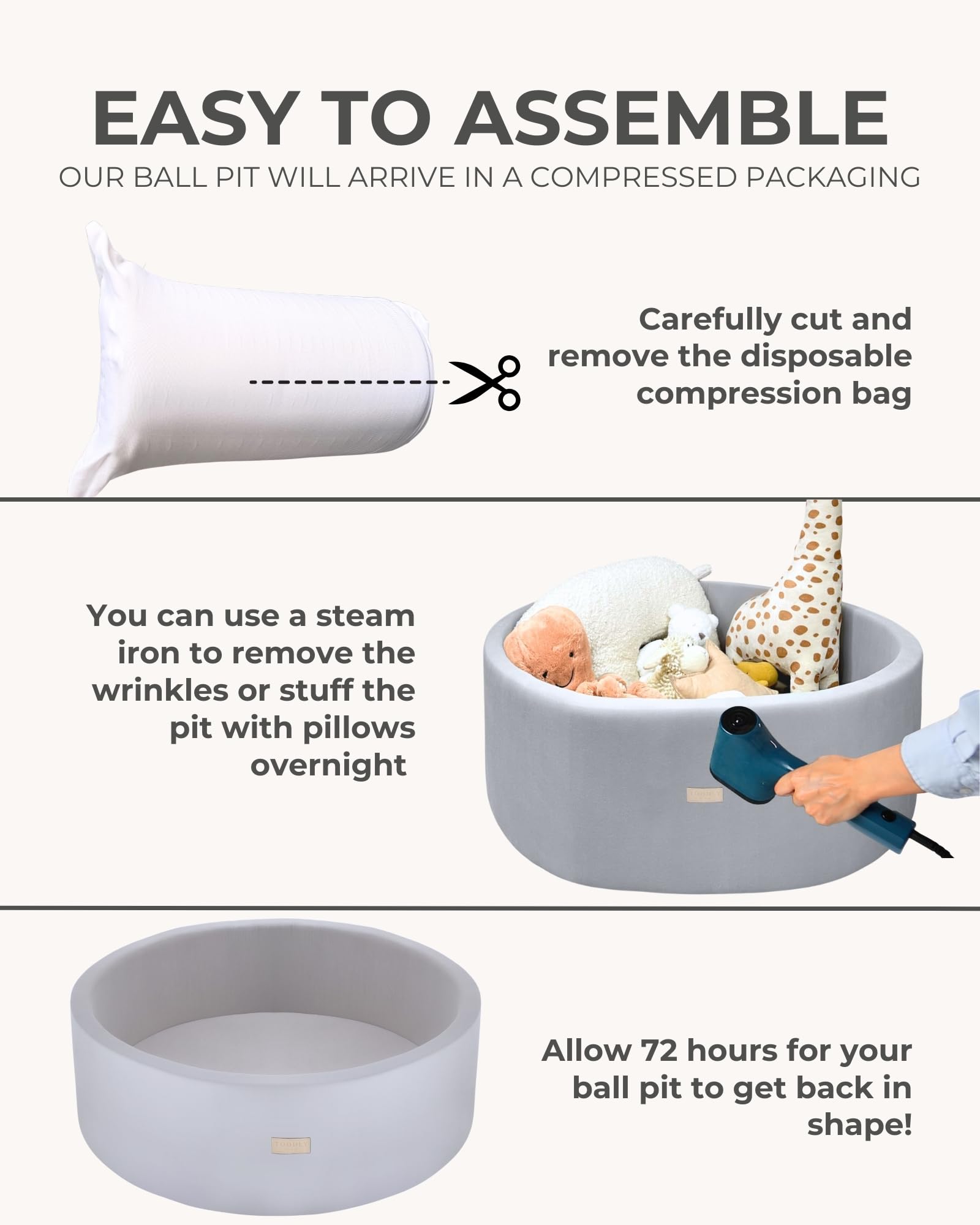 Soft Ball Pit for Toddlers and Babies 35.5 in - Durable Foam Ball Pit for Babies and Toddlers - Balls NOT Included - Grey - Toodly