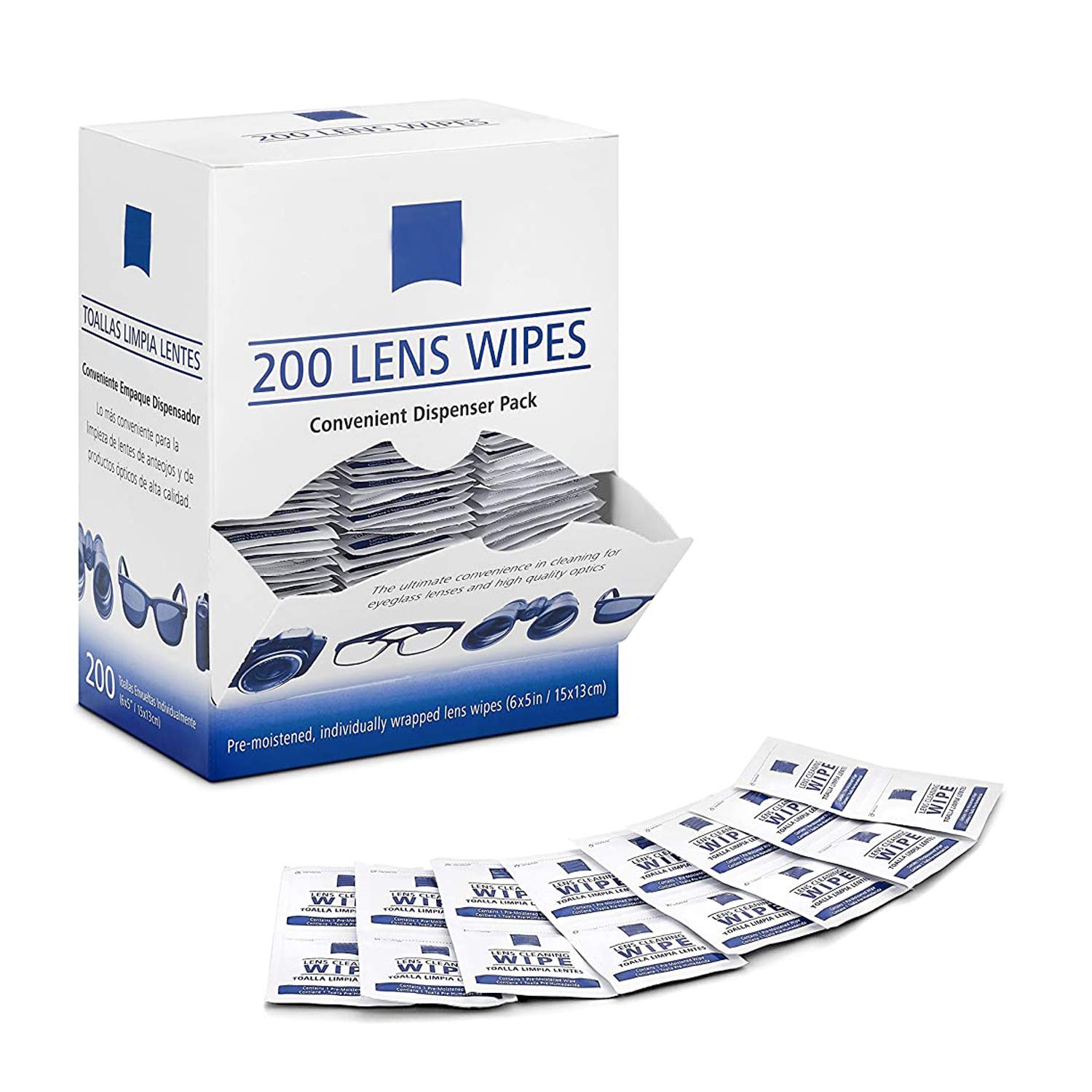 Glasses Cleaner Wipes 200 Individually Wrapped Antibacterial Lens Wipes Multipurpose Suitable for Spectacle Lenses, Cameras, Binoculars, Mirrors, Screens, Optical and Electronic Devices