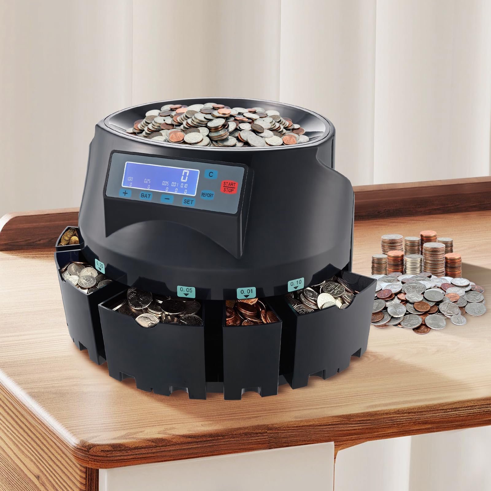 VEVOR USD Coin Counter & Coin Sorters with LCD Display, Coin Sorter Machine for USD Coin 1￠ 5￠ 10￠ 25￠ $1, Sorts up to 300 Coins/min, Change Counter Holds 2000 Coins Included 5 Coin Bins & 5 Tubes