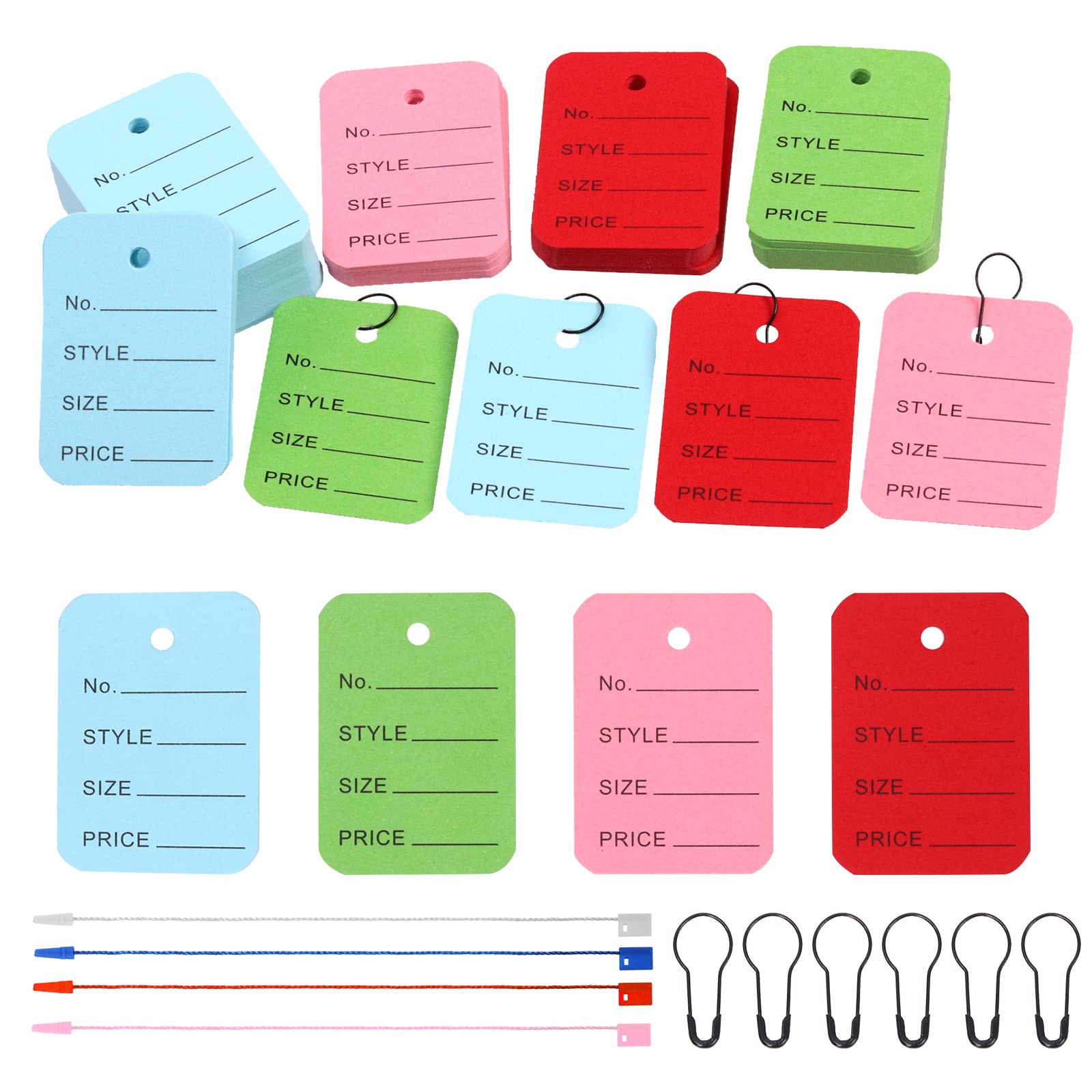 Keadic 1300Pcs Clothing Price Tags and Hang Tag String Color Assortment Set with Black Metal Gourd Safety Pins, 4 Colors Paper Shopping Coupon Tags and Nylon Fastener String for Clothes Retail Store