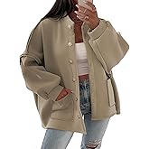 Faleave Women's Oversized Button Down Jacket Lantern Long Sleeve Coat Fall Winter Mock Neck Casual Outerwear with Pockets(Khaki-L)