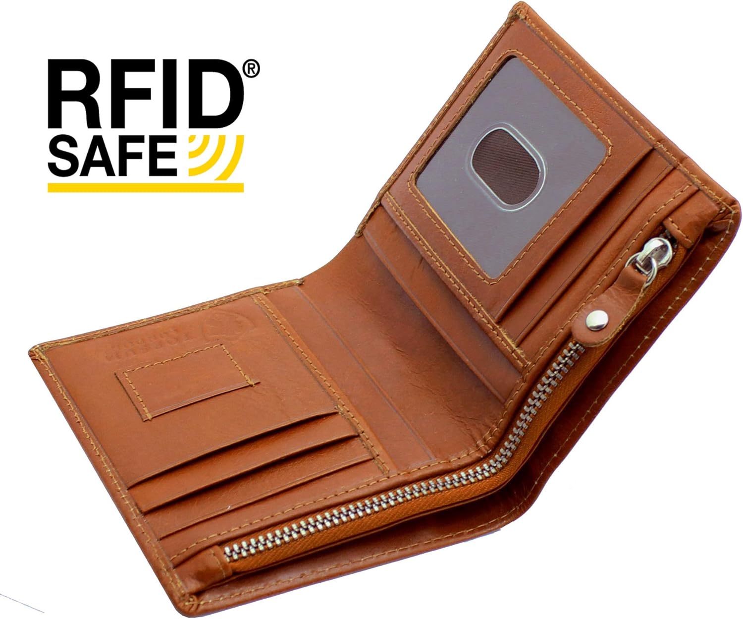 TOPSUM LONDON Men’s RFID Blocking Real Leather Wallet with Zipper, Slim Tan Bifold Wallet with 8 Card Slots, ID Window - Image 3