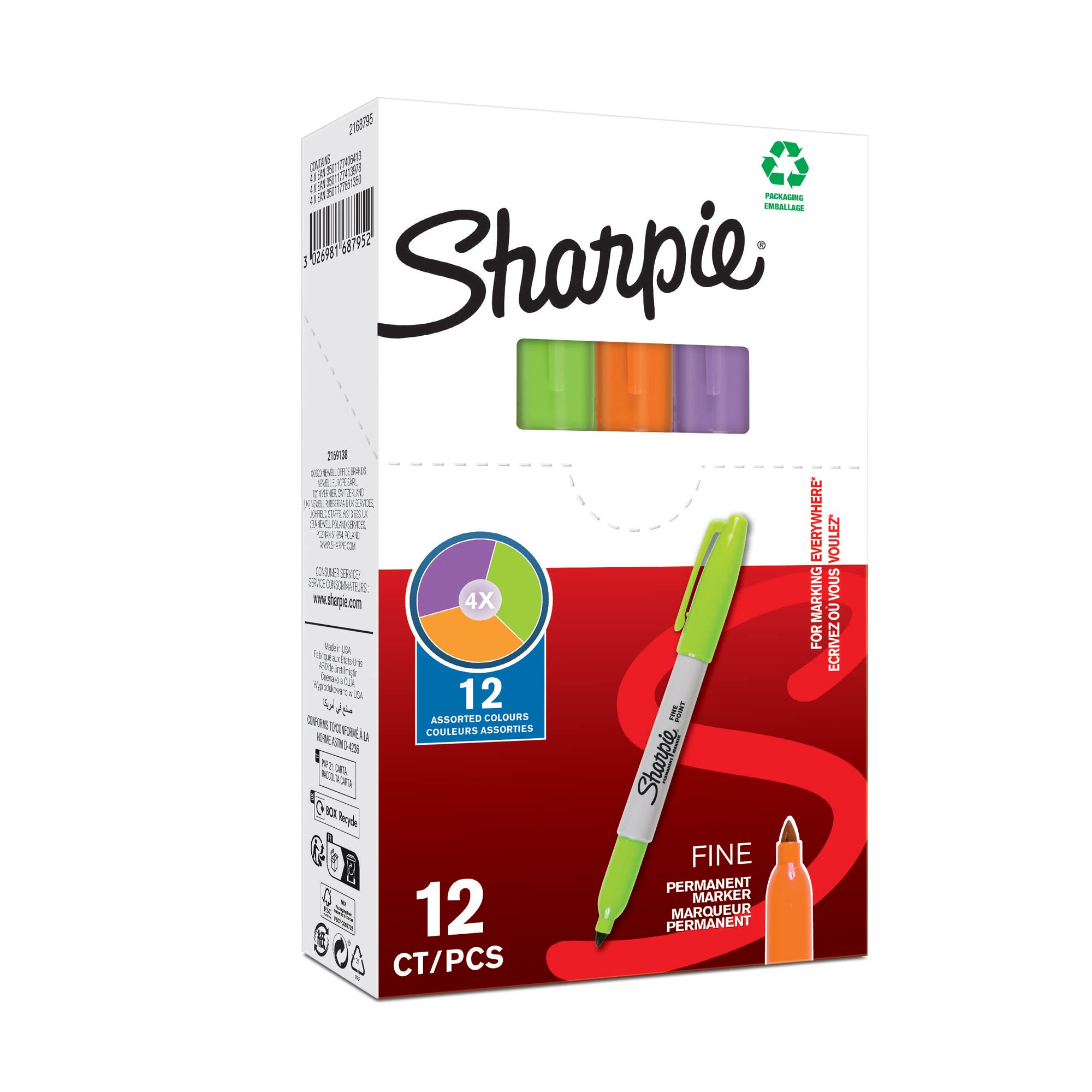 Sharpie 94328 Pack of 12 Fine Markers, 1 mm, Multicoloured, Lime/Orange/Berry