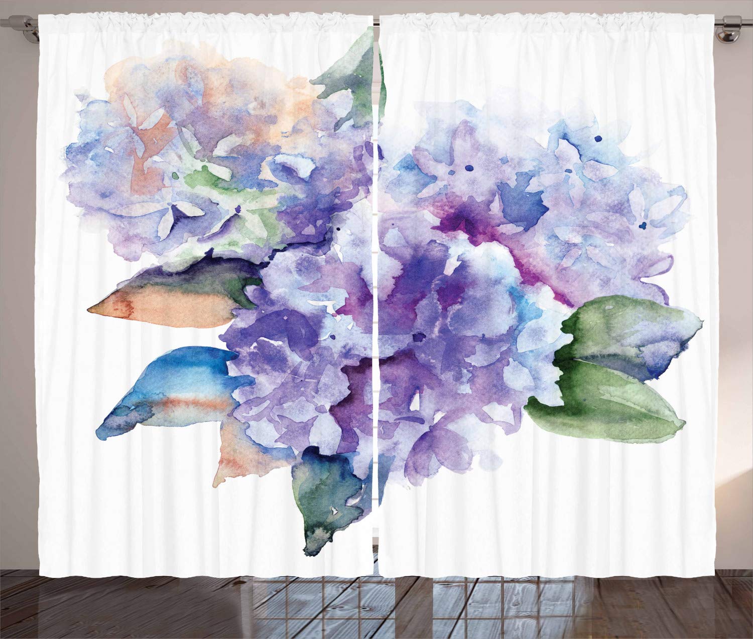 ABAKUHAUS Watercolor Curtains, Delicate Hydrangea Flowers Blooming Botanical Arrangement Wedding Inspired, Living Room Bedroom Window Drapes 2 Panel Set, 89 L X 110 W, Violet Blue