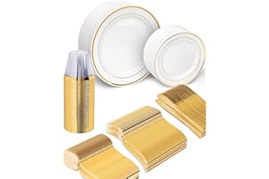 LZERKING 330 Gold Party Plastic Plates with Disposable Silverware and Cups, Party Supplies Dinnerware Set for 55 Guest, Decorative Tableware Cutlery for Wedding, Party, Birthday, Graduation, Festivals