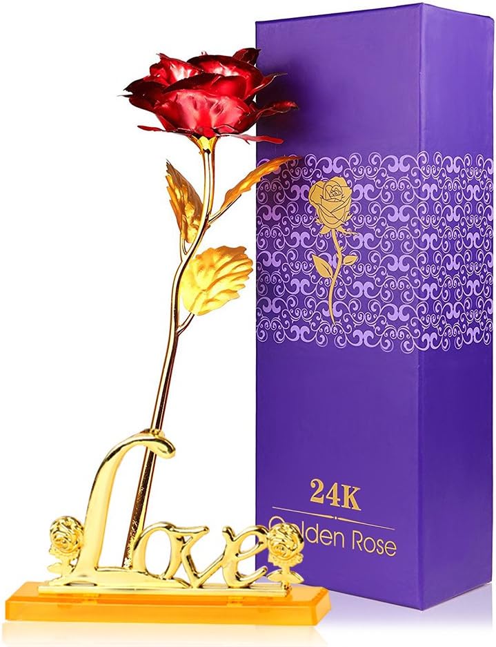 24K Eternal Golden Plated Rose with “Love” Stand in Gift Box (red)