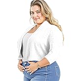 Lastshe Women's Plus Size Shrug Open Front 3/4 Sleeves Cropped Bolero Openwork Fabric Cardigan