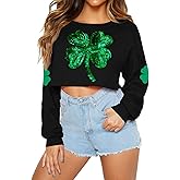 For G and PL Women St. Patricks Day Graphic Glitter Powder Shamrock Cropped Sweatshirt XS-L