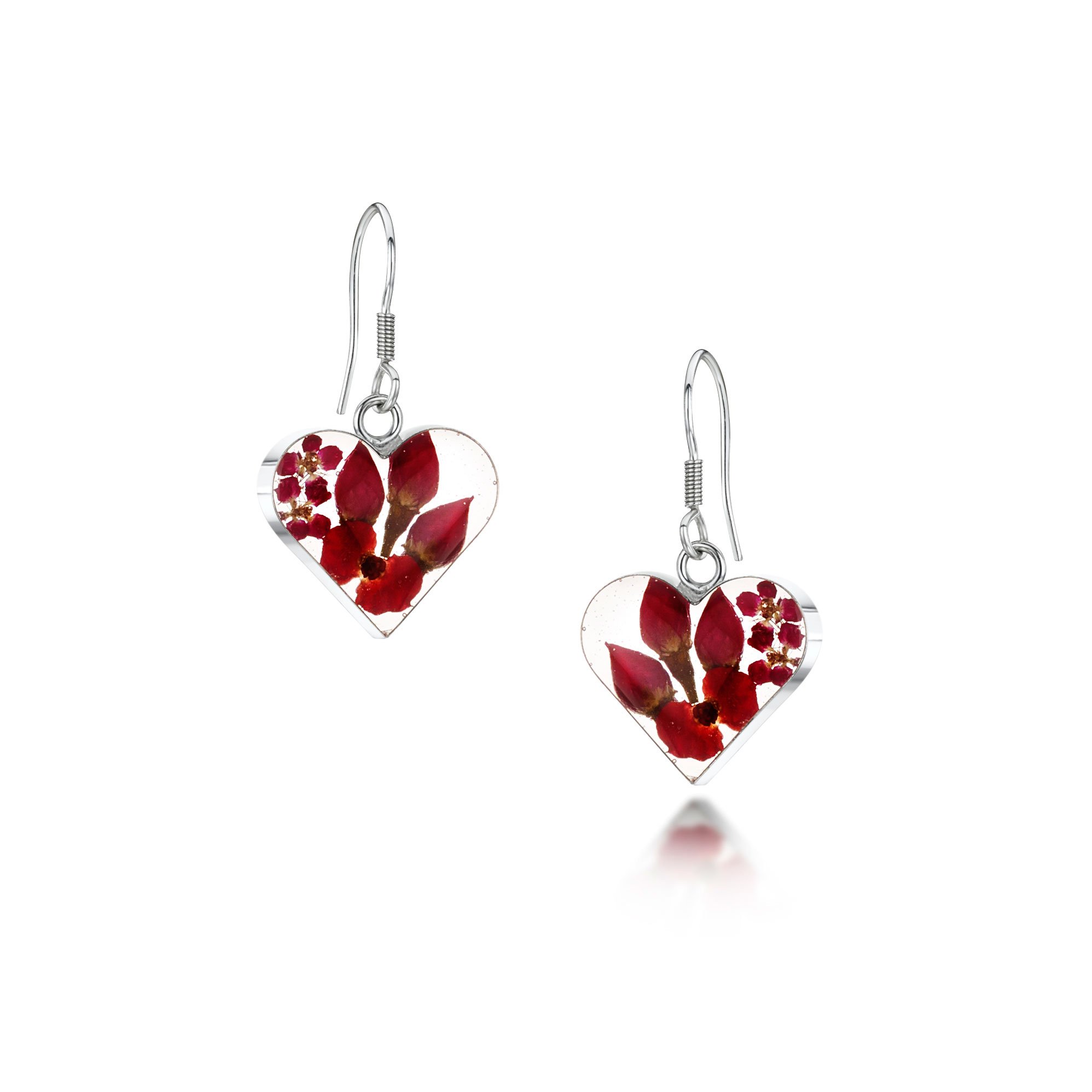 Shrieking Violet 925 Sterling Silver Heart Real Flower Drop Earrings - Assorted Flowers (Red)