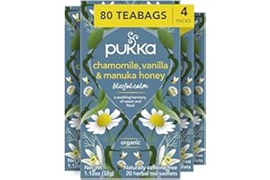 Pukka Chamomile, Vanilla & Manuka Honey Herbal Tea, Caffeine-Free, Fair Trade, Kosher, USDA Certified Organic, Non-GMO, 20 Tea Sachets (Pack of 4)