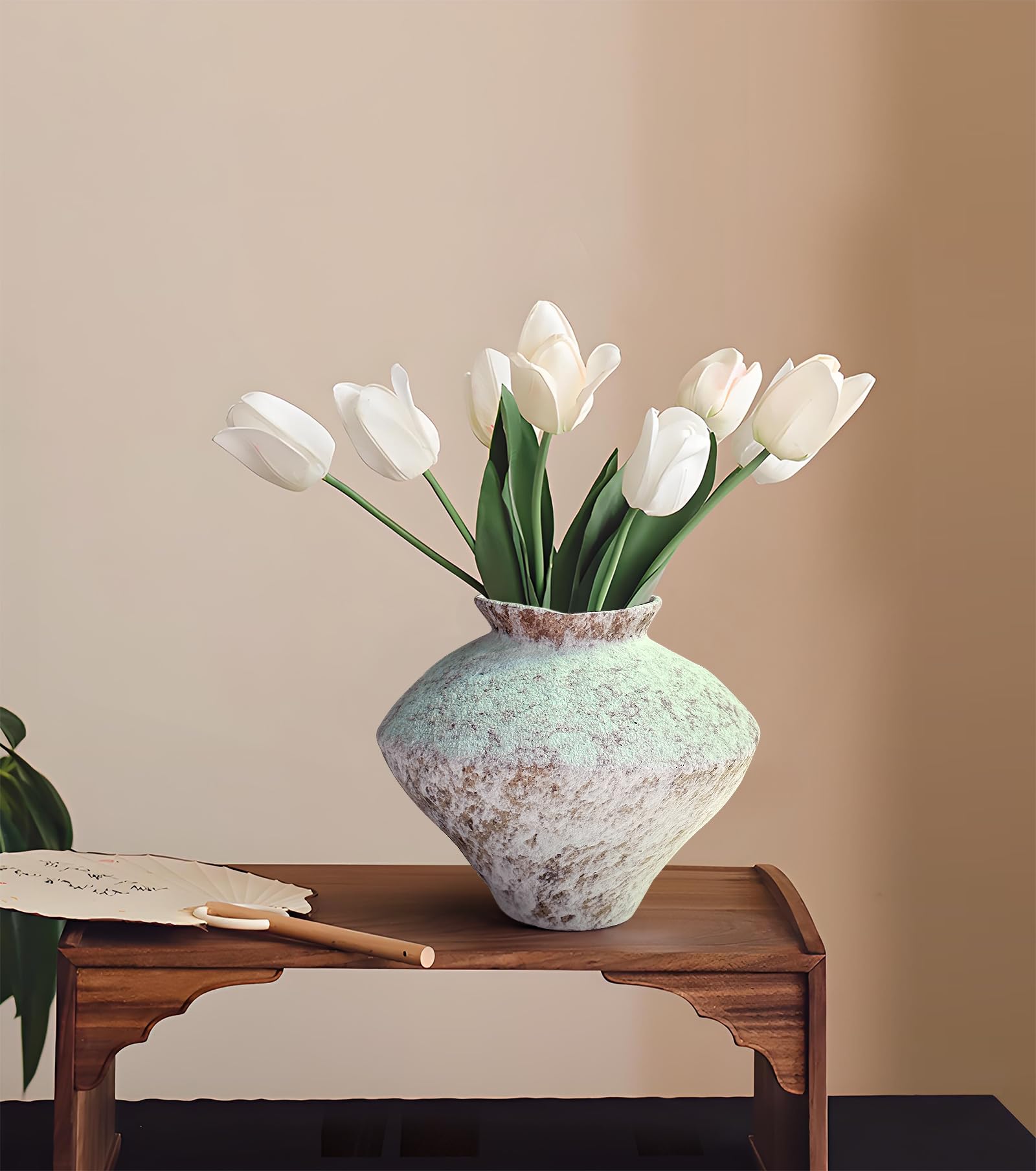 Photo 1 of GeLive Frost White Ceramic Rustic Vase Jingdezhen Handmade Vintage Pottery Flower Jar for Fresh and Dried Plants Table Centerpiece Wabi Sabi Vase Home Farmhouse Decor