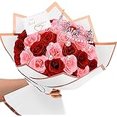 TLY Glitter Roses Bouquet Pink and Red Flower Bouquet DIY Fake Roses Flowers with Wrapping Paper Crowns Cards Artificial Rose Flowers for Valentines Day Mothers Day Anniversary Engagement Wedding