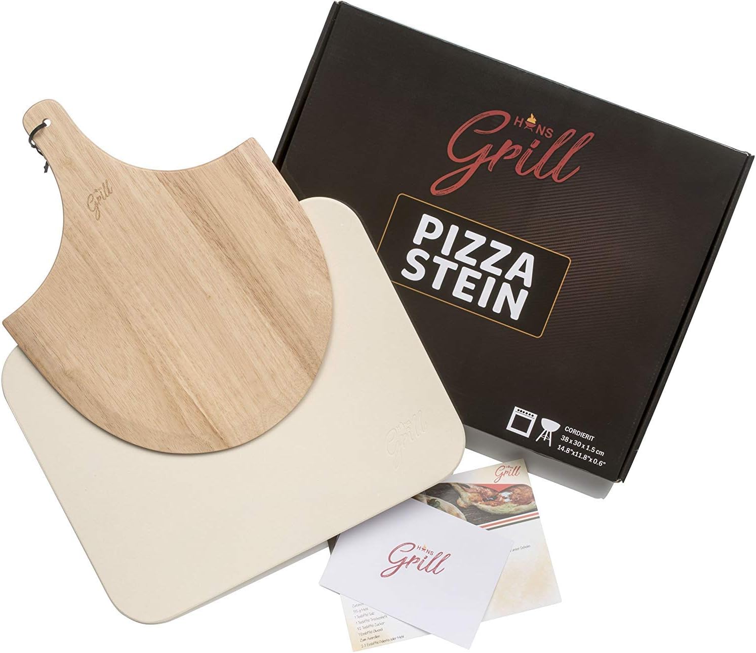 Hans Grill Pizza Stone Baking Stone for Pizzas use in Oven and Grill/BBQ Free Wooden Pizza Peel Rectangular Board 15 x 12 Inches Easy Handle Baking | Bake Grill, for Pies, Pastry Bread, Calzone : Garden & Outdoor