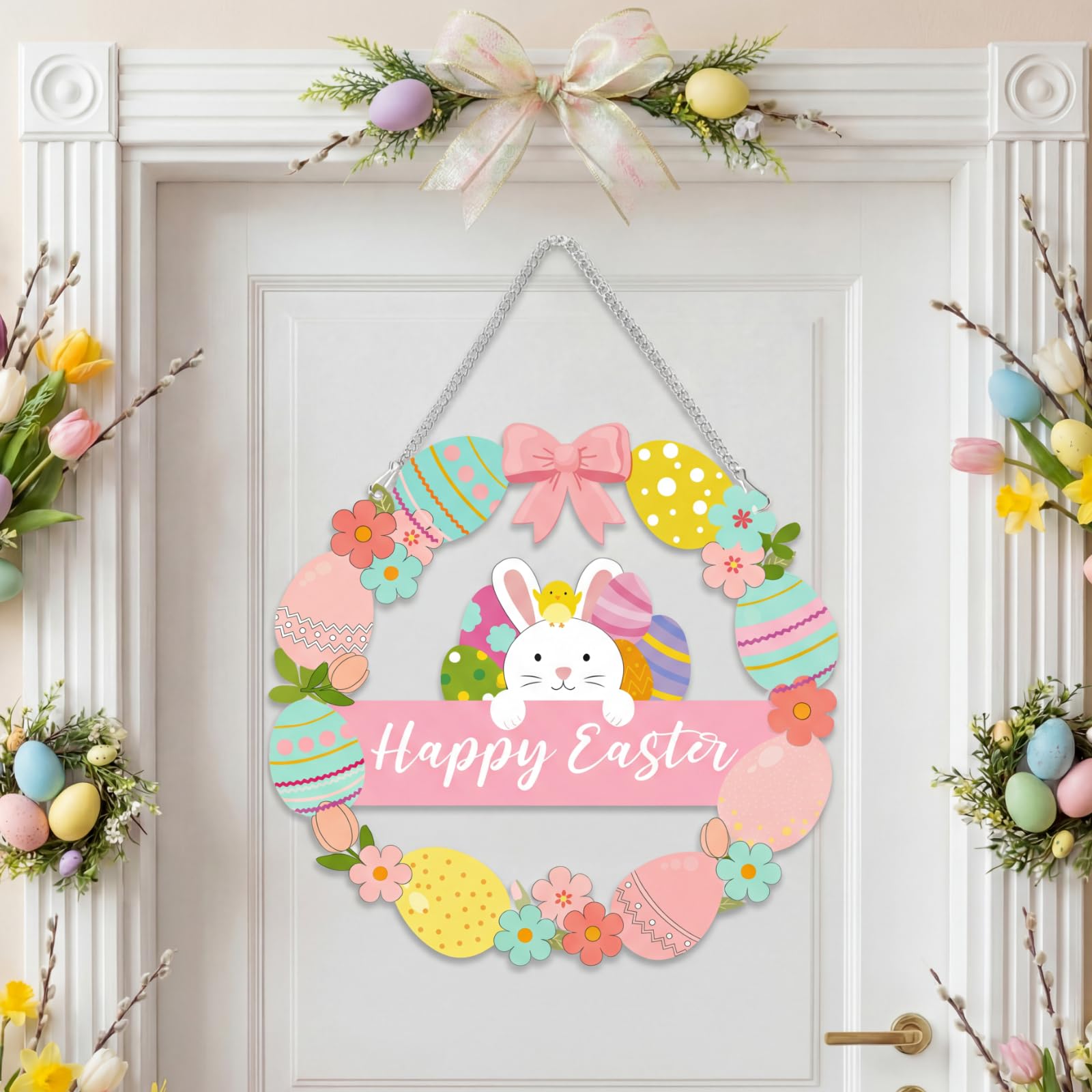 Queekay Easter Decorations Rabbit Sign Hanging Wall Decor Bunny Carrot Happy Easter Door Signs with Ropes Decorative Spring Theme Sign Plaque Hanger for Home Wall Door Indoor Outdoor (Wreath)