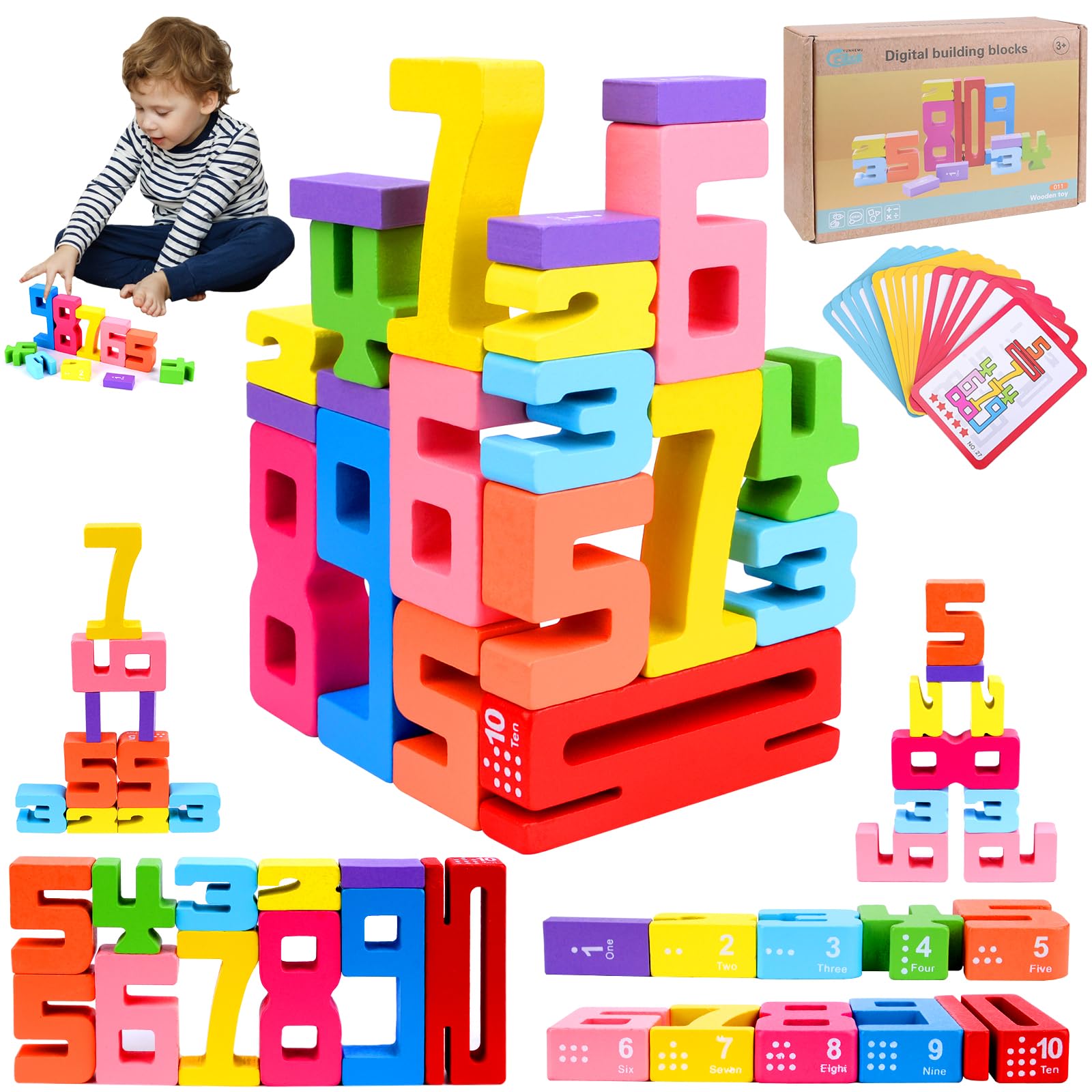Pipihome 20Pcs Wooden Number Building Blocks, Number Blocks Toys for Kids, Wooden Stacking Puzzle Blocks Montessori-Inspired with 15 Learning Cards for Kids