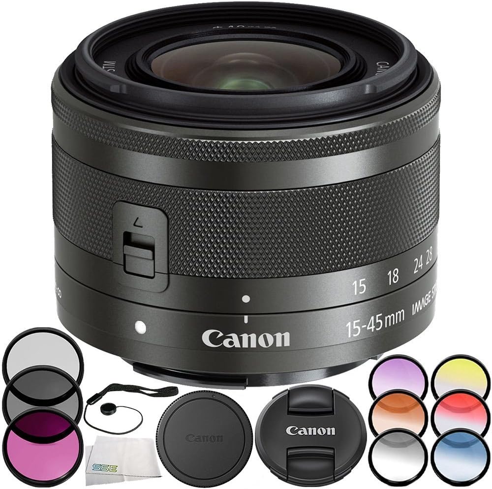 Canon EF-M 15-45mm f/3.5-6.3 is STM Lens (Graphite) Lens (White Box) 7PC Accessory Bundle – Includes 3 Piece Filter Kit (UV + CPL + FLD) + 6PC Graduated Filter Set + More