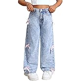 Jeans for Girls Baggy Wide Leg Ripped High Elastic Waisted Denim Pants Y2K Boyfriend Skater Streetwear Cute Trousers 7-14Y