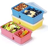 3 Pack Silicone Snack Containers with Lids, 12 oz Double Compartment Reusable Snack Bento Box for Kids , Leakproof Food Storage Boxes for Sauce, Fruit, Snacks, School, Office, Picnic, Easy to Clean