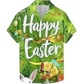 Men's Easter Button Down Shirt Funny Easter Eggs Print Short Sleeve Hawaiian Bowling Shirts Mens Easter Day T Shirts