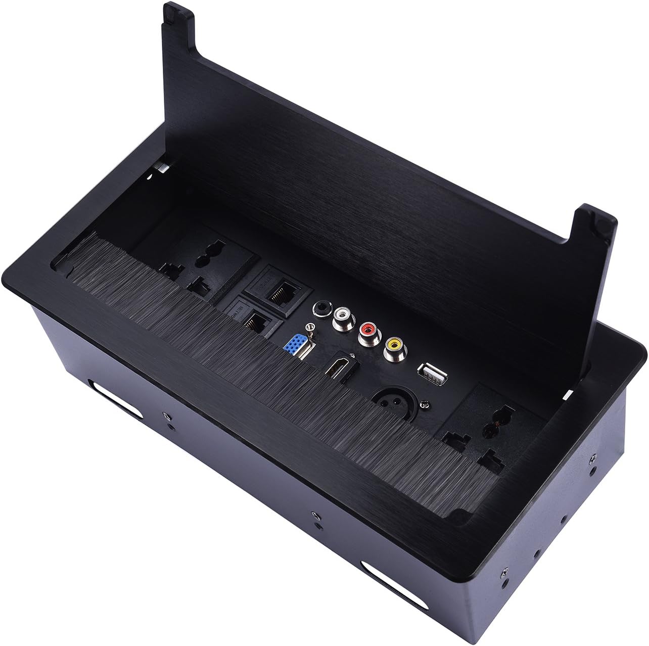 brush clamshell desktop socket / aluminum wire drawing panel /Universal power Tabletop socket /VGA, 3.5 audio, HDMI, USB,video, network,RJ45 XLR connector Information outlet box (black)