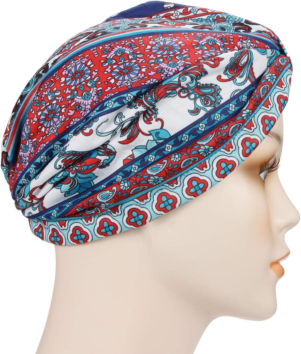 SAYMRE Women's Cotton Turbans Satin Liner Double-Layered Head Wrap Chemo Cap Elastic Beanie Hair Loss Hat (Red)