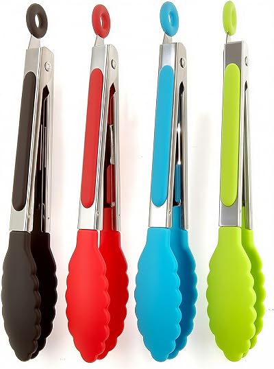 ZHIYE 7 Inch Kitchen Tongs Set 4 Stainless Steel Non-Slip Locking Clip Cooking