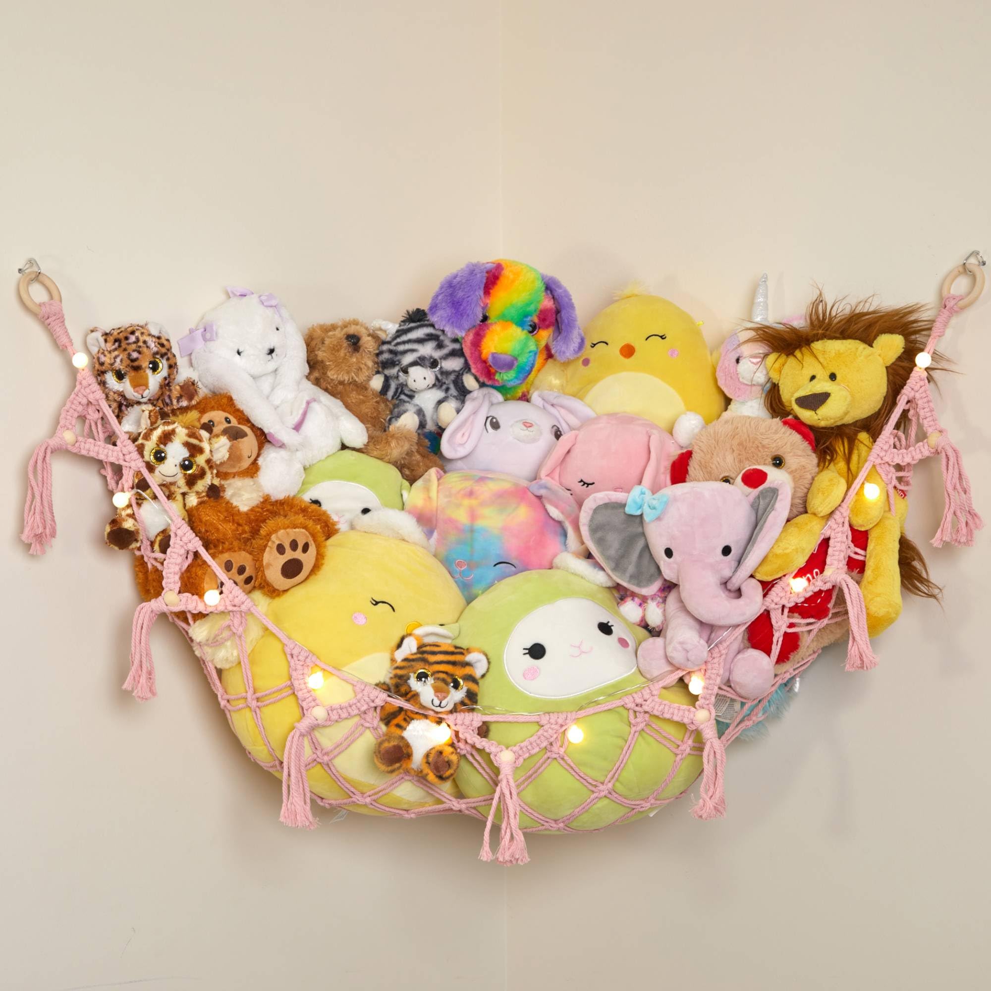 Lilly's Love Macrame Teddy Hammock w/Lights | Toy Hammock for Stuffed Animals | Soft Toy Storage | Cute Room, Bedroom & Home Decor | Large (Light Pink)