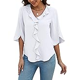 Blooming Jelly Womens Dressy Casual Blouses 3/4 Sleeve V Neck Ruffle Tops Business Ladies Summer Trendy Fashion Work Shirt