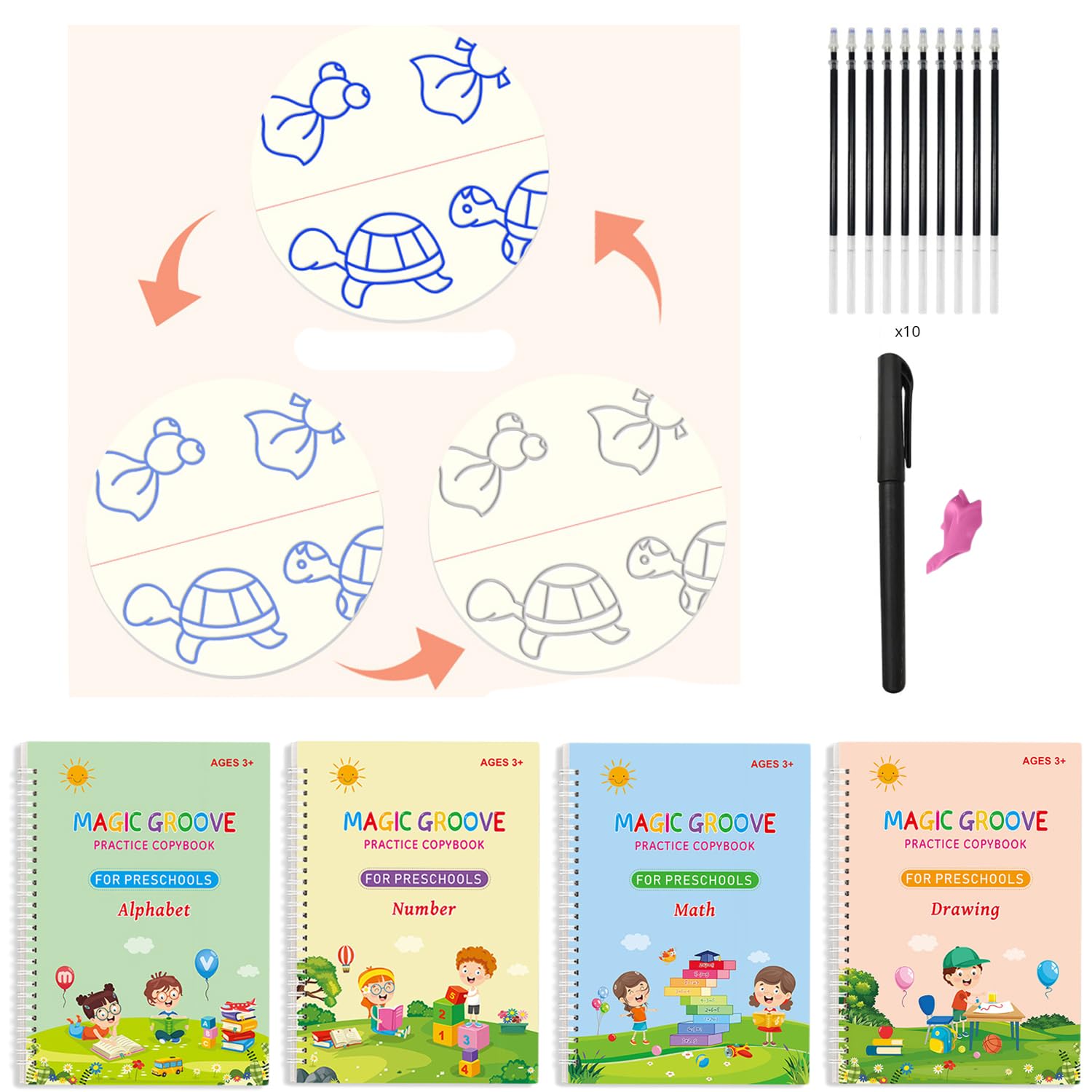 AOKUY Grooved Handwriting Book Practice,Reusable Writing Practice Book for Kids,Caligraphy Beginners Set with 4 Books,10 Pen Refills,1 Pens,1 Aid Pen Grips. (26cm*18.5cm)