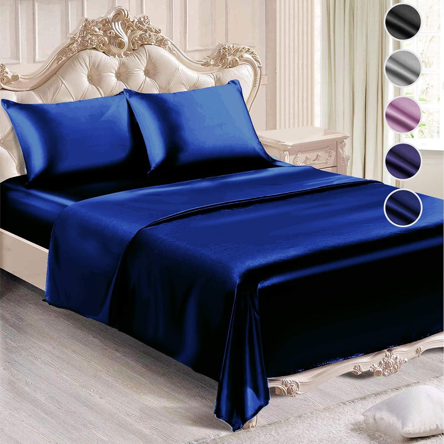 Satin Sheets Queen Size (4 Pieces, 5 Colors), Silky Satin Sheet Set -Satin Bed Set with 2 Pillowcase, Satin Fitted Sheet - Black Satin Sheets, Satin Bed Sheets Queen Set, Satin Bedding Set: Home & Kitchen
