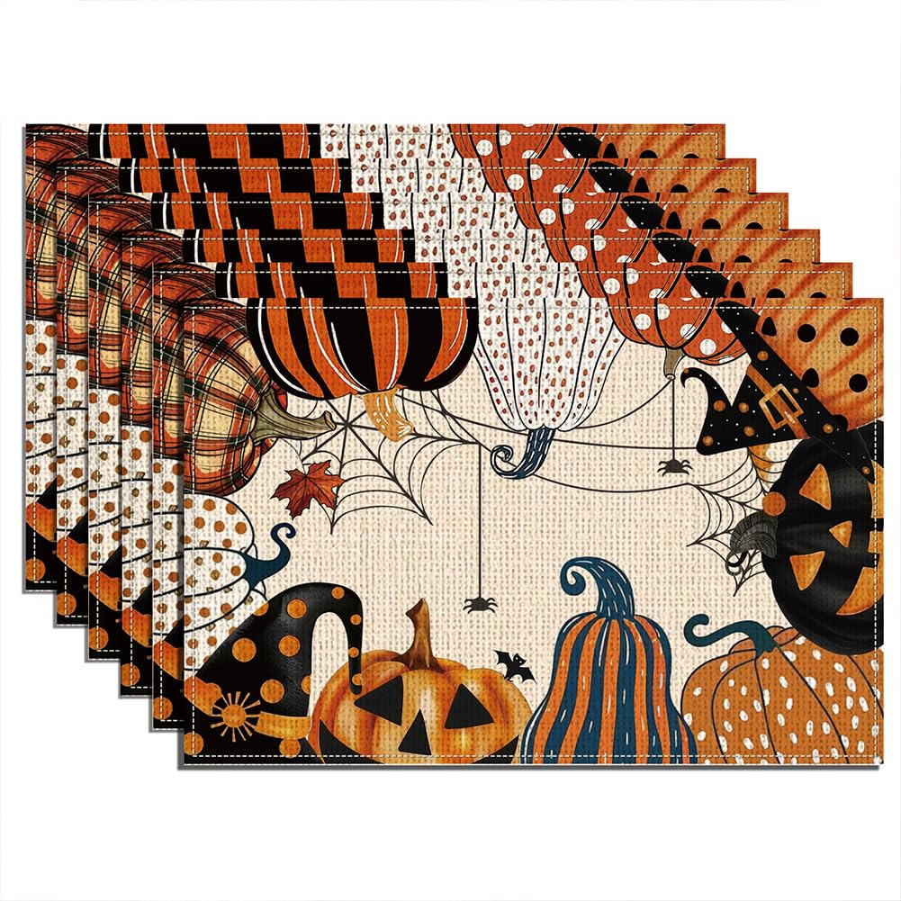 WADORN 6Pcs Halloween Pumpkin Rectangle Placemats, 11.8x17.7 Inch Halloween Theme Rectangle Table Mats Polyester Halloween Spider Watercolor Table Cover for Party Halloween Holiday Dining Kitchen
